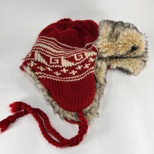 Target Trapper Hat Faux Fur Trim Fair Isle Red Winter Ski Tie Up Earflaps Adults